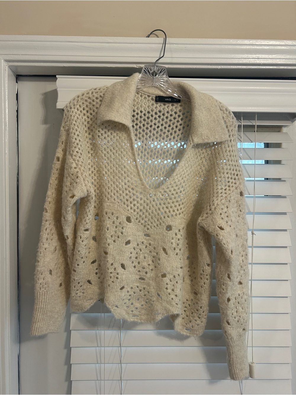 Mango Open-Knit Cream Sweater with Collar